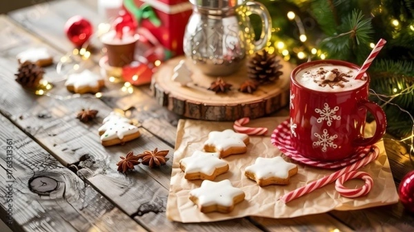 Fototapeta Cozy Christmas hot chocolate, festive gingerbread cookies, candy canes, warm string lights, rustic wooden background, holiday treats, winter decor, joyful atmosphere, delicious snack, copy space.