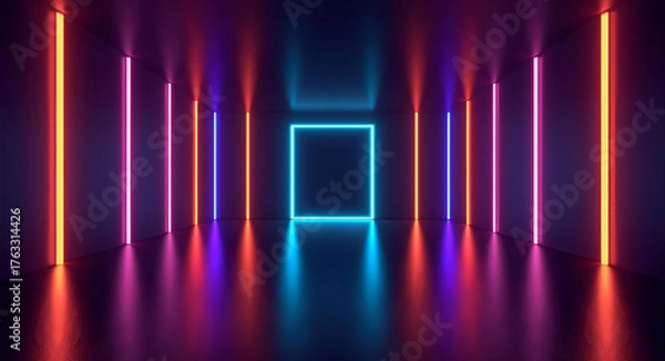Fototapeta Futuristic neon corridor with glowing colorful lights and reflections in dark space