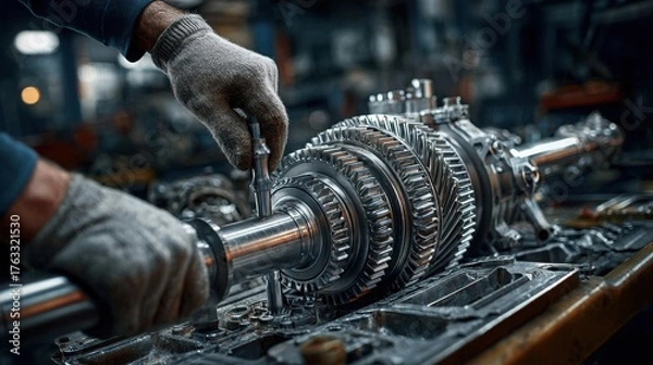 Fototapeta Close-up of a mechanic using tools to repair a complex gear system, showcasing hands-on engineering work in an industrial environment.