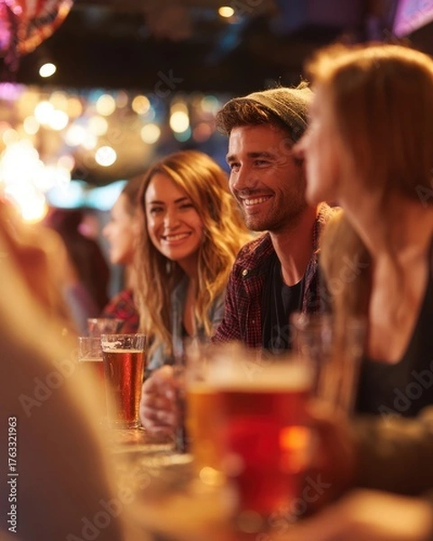 Fototapeta Friends enjoying drinks at bar counter in warm light candid shot of people laughing and talking at a pub location with beer glasses