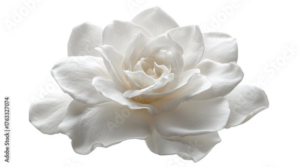 Fototapeta Pristine white gardenia flower in full bloom, symbol of purity and grace, surrounded by lush green glossy leaves isolated on white background 