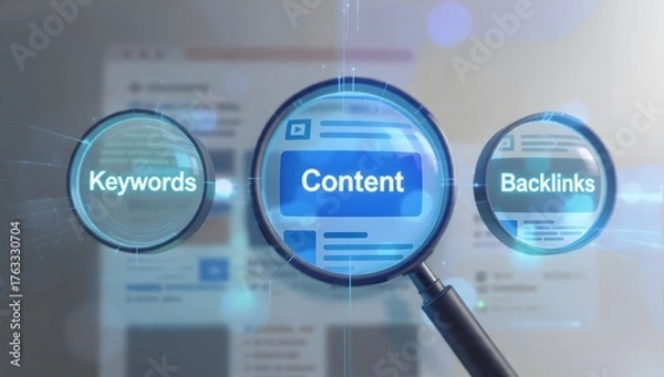Fototapeta Stock Photo of Digital Content Concept with Magnifying Glass Highlighting SEO Keywords, Content Strategy, and Backlinks