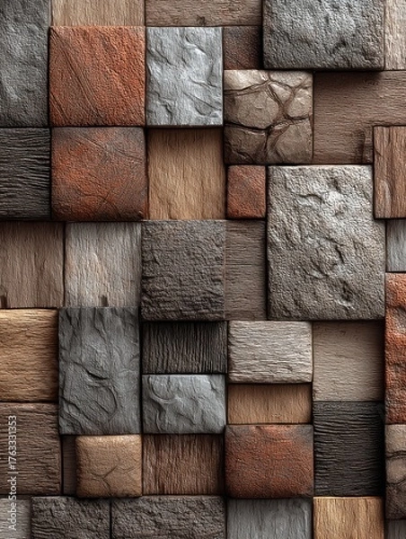 Obraz Wood and Stone Square Tile Mosaic Close Up Full Frame Texture Background Art and Design Natural Material