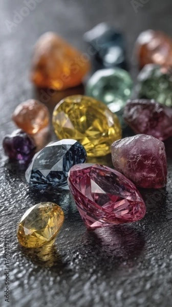Obraz Assorted Gemstones Close Up Still Life on Textured Surface Studio Shot High Angle View Colorful Jewels Precious Stones