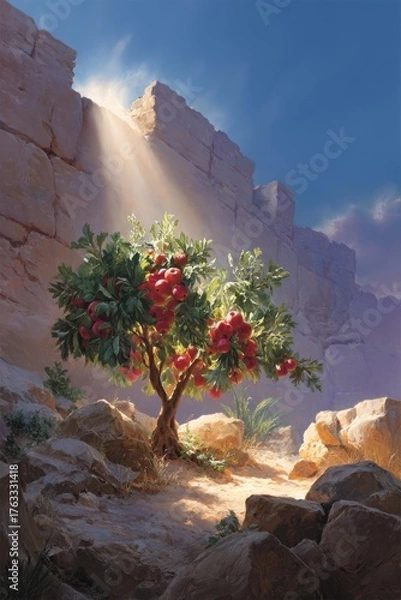 Fototapeta Apple Tree Growing in Rocky Desert Landscape with Sunlight Streaming from Above, Dramatic Painting Style