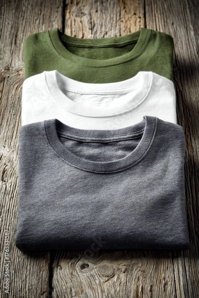 Obraz Folded T-Shirts Stacked on Rustic Wood Surface Above Eye Level Displaying Clothing Item Variety and Texture