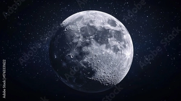 Fototapeta phase. A detailed closeup of the full moon, showcasing its textured surface against the dark expanse of space. STEM education sheets.