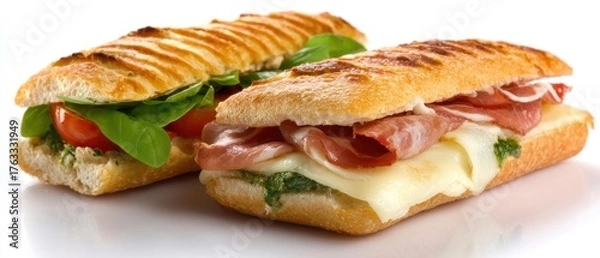 Obraz Two Grilled Panini Sandwiches with Prosciutto and Tomato on White Background Close Up Food Photography