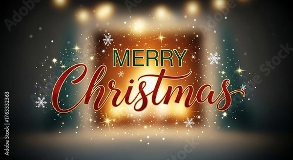 Fototapeta Warm and inviting Merry Christmas greeting with a cozy fireplace, soft bokeh lights, and falling snowflakes, perfect for festive holiday celebrations and seasonal wishes