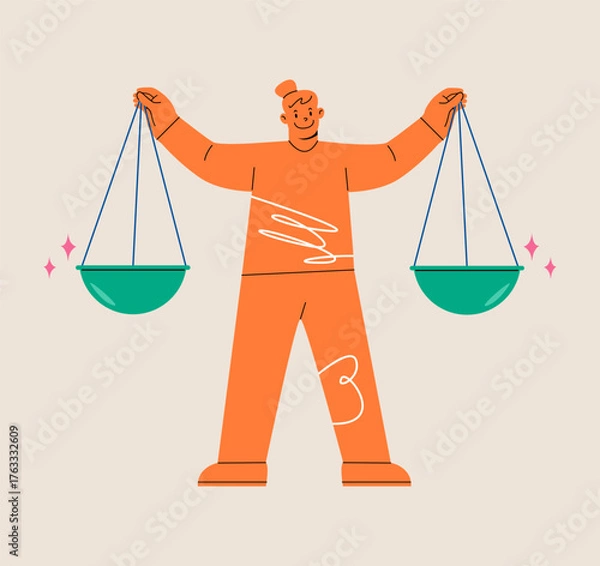 Obraz Balance and justice concept. Woman lift balance ethical scale. Colorful vector illustration