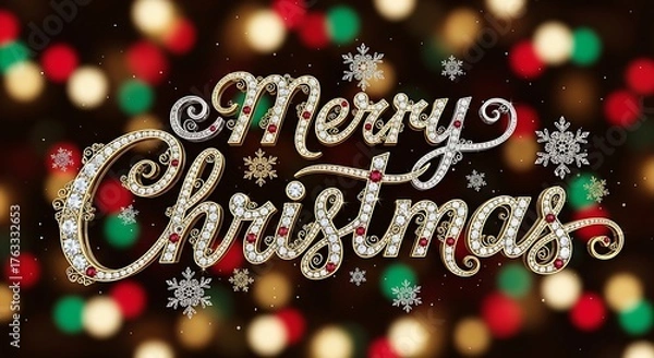 Fototapeta Celebrate the joy of the festive season with a sparkling Merry Christmas greeting adorned with glistening jewels and snowflakes, set against a bokeh background