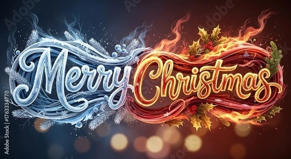 Fototapeta Merry Christmas written in icy blue and fiery red, adorned with frost and embers, conveying a festive holiday greeting