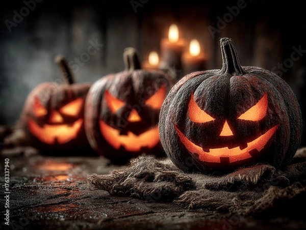 Fototapeta Three Scary Glowing Halloween Pumpkins With Candles Dark Rustic Background