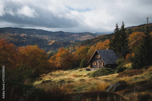 Fototapeta A solitary wooden cabin nestled in an autumn mountain valley, surrounded by colorful deciduous forest and misty ridgelines under a moody overcast sky evoking tranquil rustic solitude.