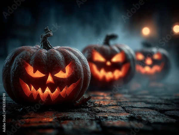 Fototapeta Three Scary Glowing Jack O Lanterns On Cobblestone Street Night