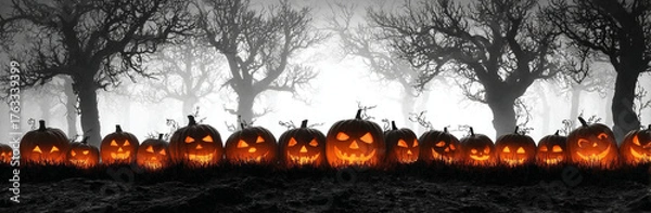 Obraz Scary Halloween Pumpkins Glowing In Foggy Haunted Forest