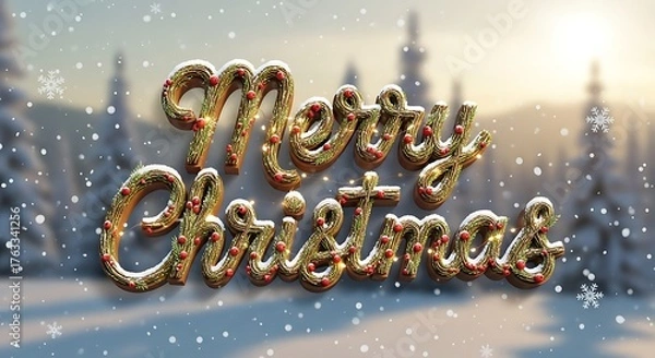 Fototapeta Festive 3D Merry Christmas text with bokeh and snowflakes, perfect for holiday greetings and winter celebrations