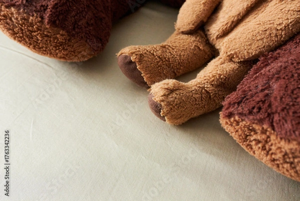 Fototapeta Close up of teddy bear lying on the bed with copy space