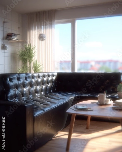 Fototapeta Living room interior with black leather sofa and coffee table in daytime home setting