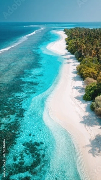 Fototapeta Aerial view of tropical island with white sand beach turquoise water and palm trees in Maldives paradise vacation destination