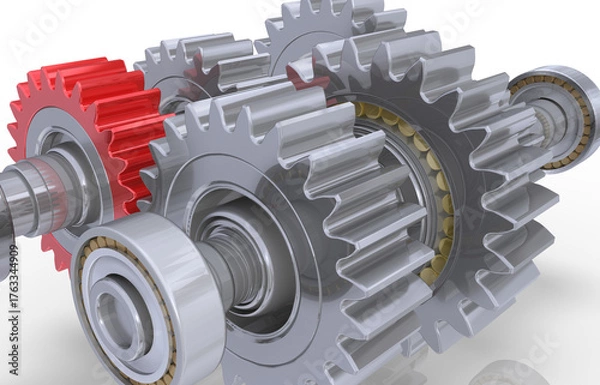 Fototapeta 3D Präzisionsgetriebe mit Zahnrädern und Ritzel und einem roten Zahnrad mit Kugellager verchromt, freigestellt
