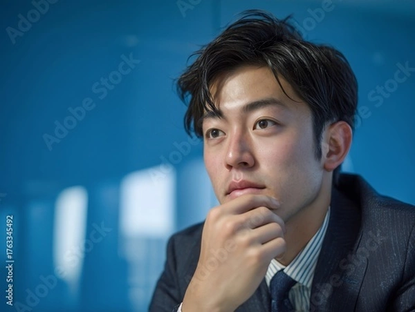 Obraz スーツ姿の若手ビジネスマンが青いオフィスで顎に手を当てて考え込む真剣な表情のポートレート写真