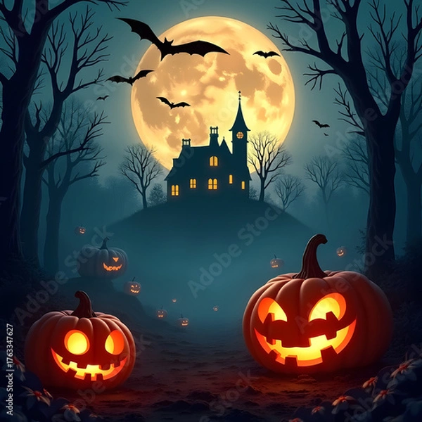 Fototapeta Halloween illustration, showing jack-o'-lanterns, bats, and a haunted house on a hill under a full moon. The image evokes spooky, festive holiday vibes.