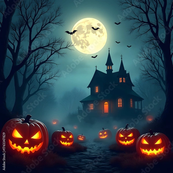 Fototapeta Halloween image: a haunted house at night, with a full moon, bats, and jack-o'-lanterns. A fun illustration of the holiday, ready for download.