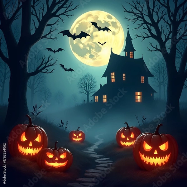 Fototapeta Halloween illustration of a spooky mansion under a full moon with bats and lit pumpkins. This image was successfully submitted to Adobe Stock.