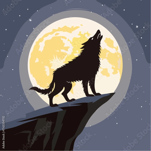 Fototapeta Silhouette of a Wolf Howling at the Moon on a Rocky Cliff Under a Starry Sky