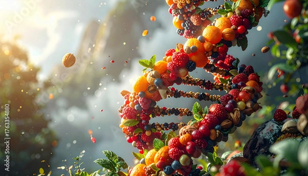 Fototapeta Artistic DNA helix made from fresh fruits, nuts, and seeds symbolizing nutrition, genetics, and natural wellness. A creative concept linking healthy food to human biology and longevity science