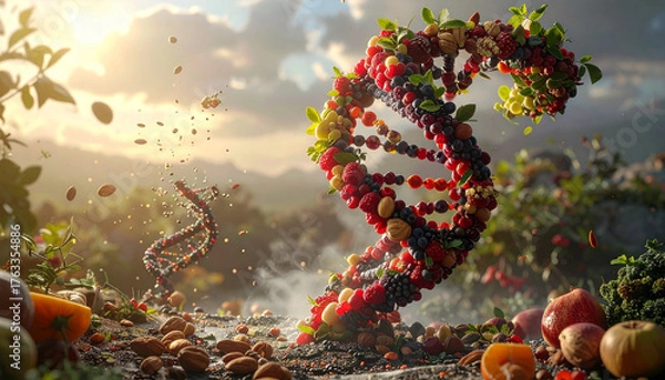 Fototapeta Artistic DNA helix made from fresh fruits, nuts, and seeds symbolizing nutrition, genetics, and natural wellness. A creative concept linking healthy food to human biology and longevity science