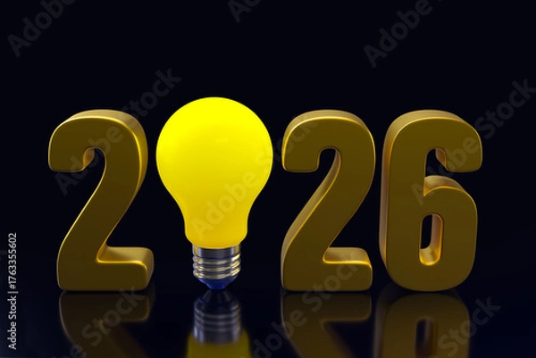Fototapeta 2026 golden year number with glowing light bulb replacing zero