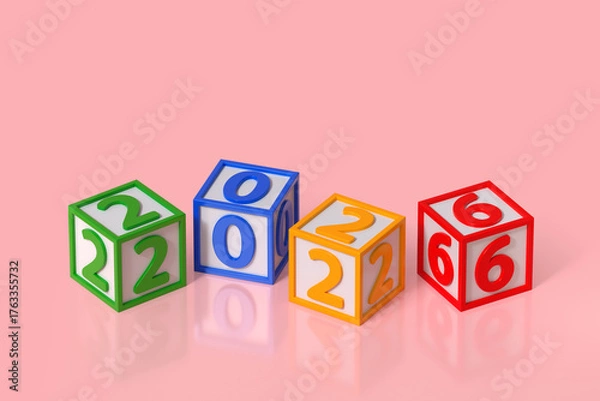 Fototapeta Colorful cubes showing year 2026 on pink background
