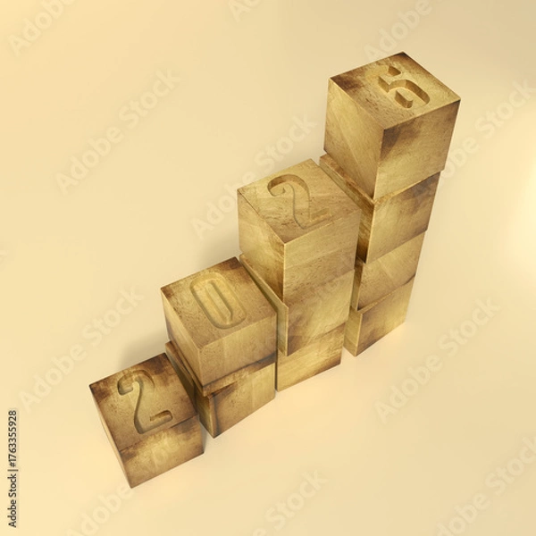 Fototapeta Wooden cubes forming an ascending bar chart showing the year 2026