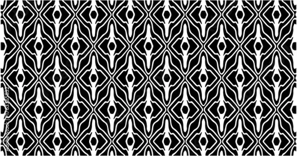Fototapeta Black and white seamless geometric pattern with abstract curved shapes, creating a modern tribal look suitable for textile or wallpaper design.