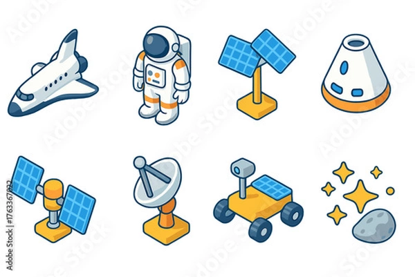 Fototapeta Space exploration icon set. Astronomy, space travel icons in 3d style collection