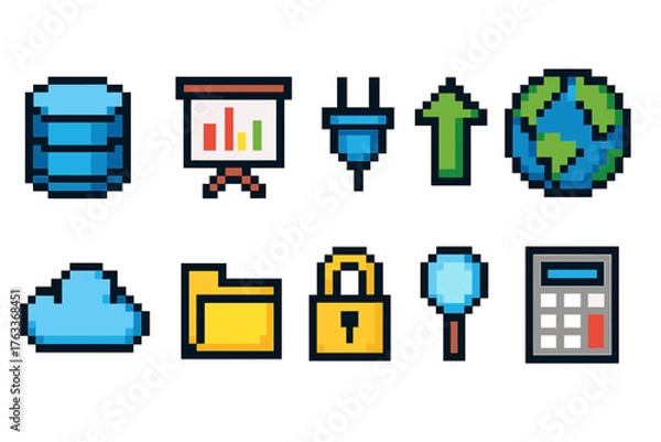 Fototapeta Technology and business pixel icon set. Computers, data 8-bit icons collection.