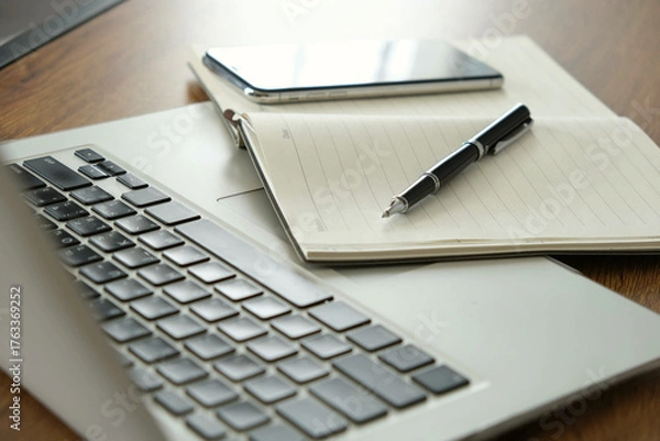 Fototapeta Laptop keyboard, notebook, pen, and smartphone on wooden desk showing business planning and learning setup