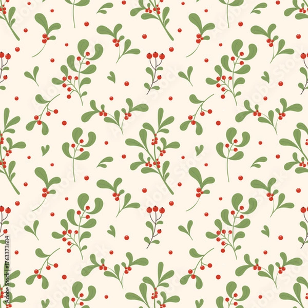 Fototapeta Christmas seamless pattern with mistletoe branches and red berries. Elegant holiday botanical design for wrapping paper, fabric, wallpaper, textile background.