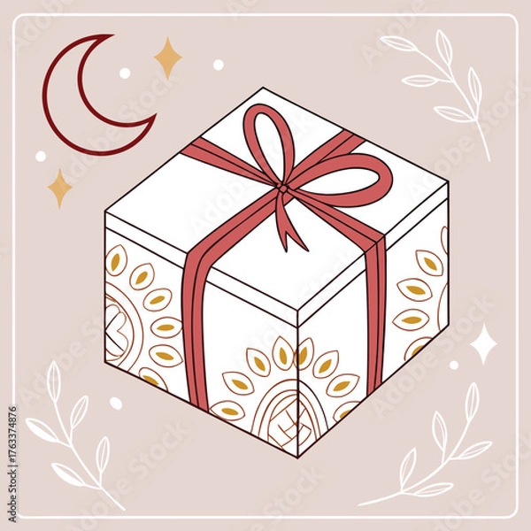 Fototapeta Magical Gift: An intricately designed gift box, adorned with delicate patterns and a charming ribbon, sits under the soft glow of a crescent moon and twinkling stars.
