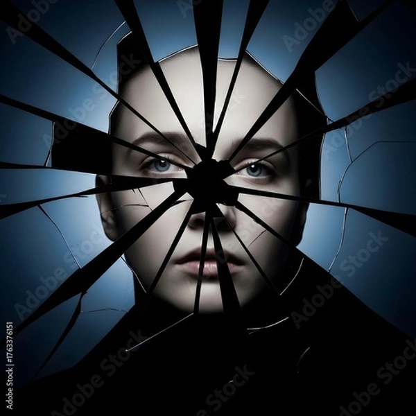 Fototapeta Fragmented Mirrors: An Abstract Silhouette Echoing Raw Trauma, Somber Blues, and Deep Inner Mental Struggles in Stark Contrasts Exposed, Unbound