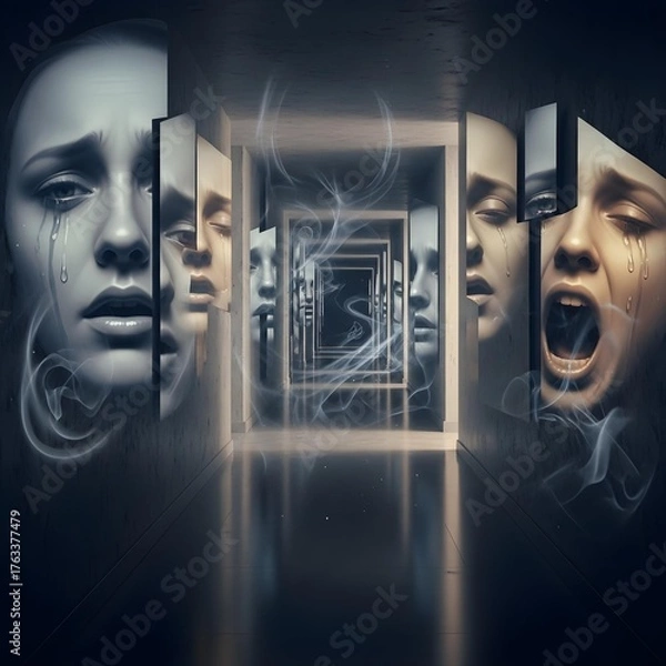 Fototapeta Ethereal Passage of the Mind: A Somber Corridor Where Fragmented Faces and Hazy Reflections Unravel the Depths of Mental Turbulence