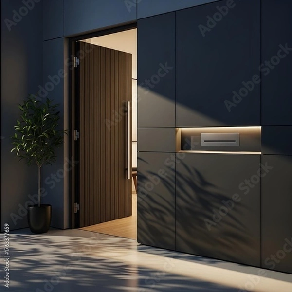 Obraz In a sleek urban environment, a modern entryway reveals innovative knockbox design, bold minimalist style, ambient lighting and elegant shadows.