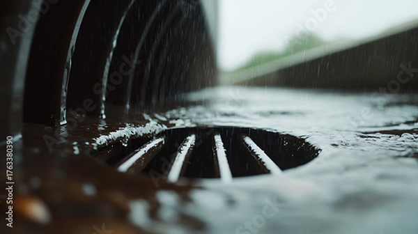 Fototapeta Rainy day captured in an up-close scene of water flowing into a drain. The sleek grate adds depth, while blurred greenery hints at a wider world beyond the downpour.