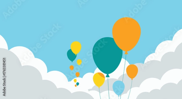 Fototapeta Colorful Balloons Floating in a Cloudy Blue Sky Illustration.