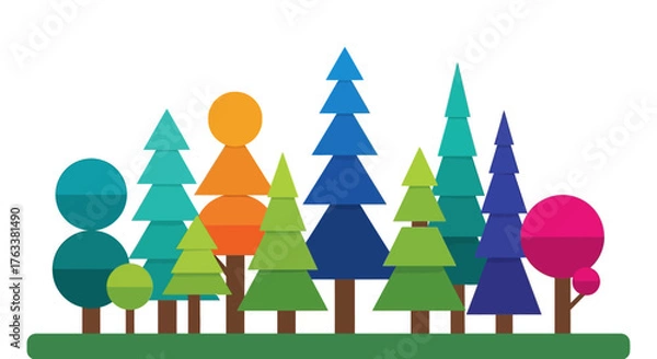 Fototapeta Colorful forest illustration with various tree shapes and colors.