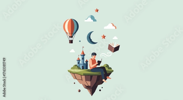 Fototapeta Man Reading Book on Floating Island with Hot Air Balloon and Moon.