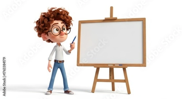 Fototapeta Cartoon boy artist standing by an easel with blank canvas ready to paint