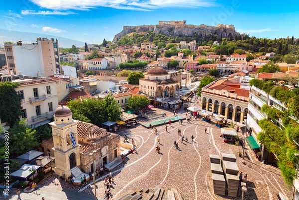 Fototapeta Skyline of Athens with Monastiraki square, Church of Pantanassa and Acropolis hill during summer sunny day. Athens, Greece